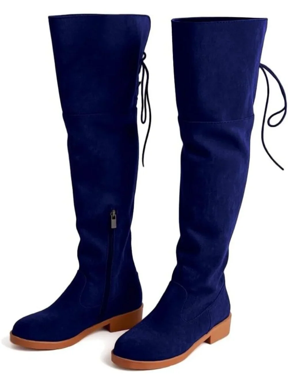 Women's Navy Blue Faux Suede Back Lace Wide Calf Over-the-Knee Thigh-High Boots
